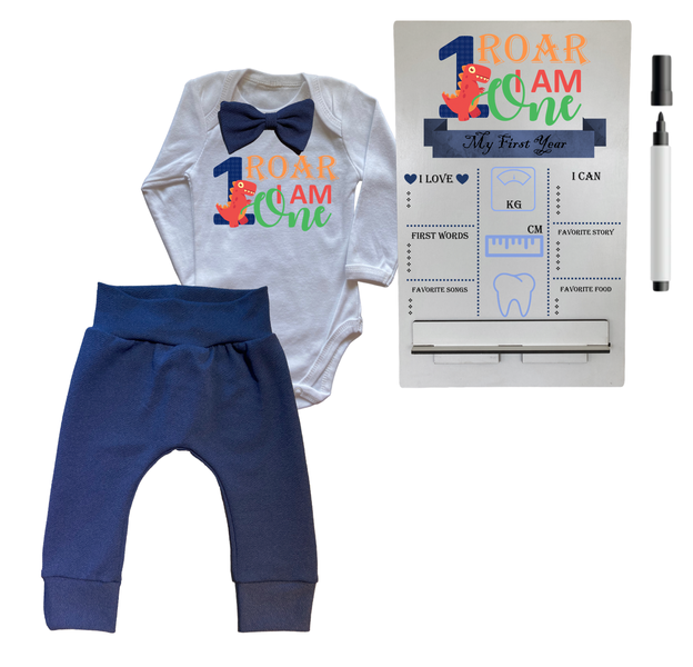 First Birthday Outfit-Long Sleeve &amp; Milestone sign-Roar Dinosaur