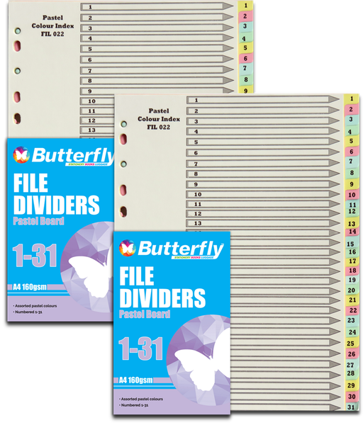 Board File Dividers - A4 160Gsm Pastel - 31 Tab (1-31) X2