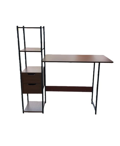 H-shaped computer desk with bookshelf and two drawers