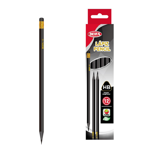 BEIFA Plastic Pencil 7" Triangular HB 2.2mm Black Matte Gold Tip (12s Pack)