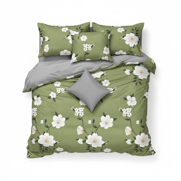 Queen Floral Green Bedding Duvet Cover Set, Pillow Cases &amp; Sheet - 4 PCS