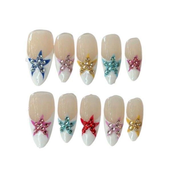 10 Piece - French Style Press On Nails With Star Accents - Multicolor