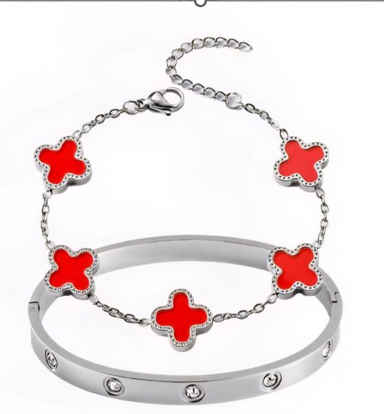 SILVER RED Clover Bracelet Love Bangle Non Tarnish Bracelet Stack -SET OF 2