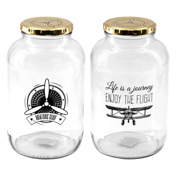 Regent Glass Jar With Gold Lid Life Is A Journey &amp; Aviators Club 2Lt - 2 Pack