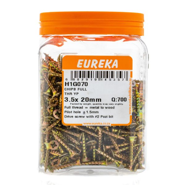 EUREKA Chipboard Screws Full Thread Yellow Zinc 3.5 x 20mm Q:700 H1G070