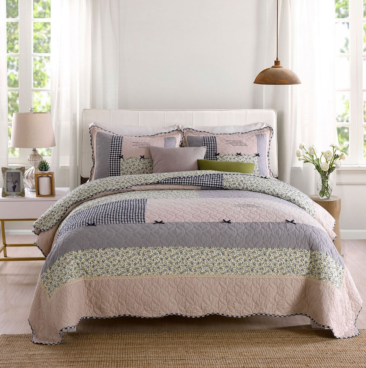 Luxurious Patchwork Bedspread 100 Cotton Quilted Lightpink Honeydew