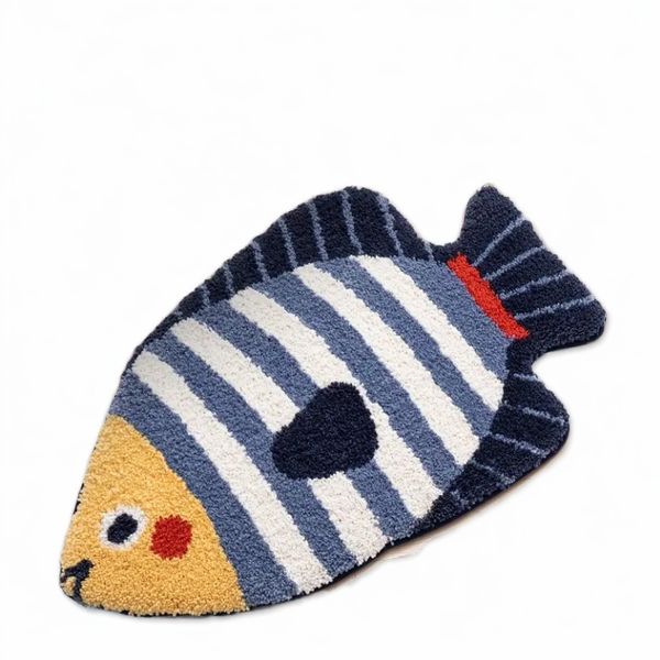 Blue Striped Fish Faux Sheep Wool Bath Mat-Absorbent Stain-Resistant NoSlip