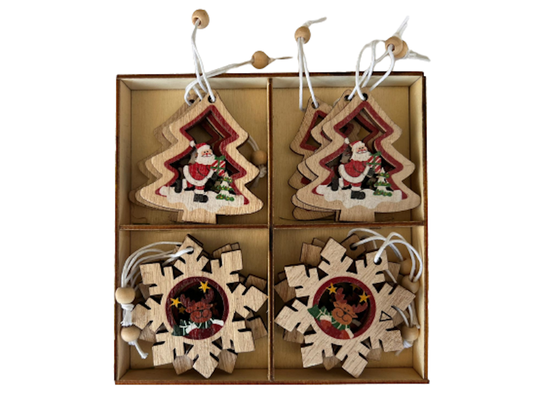 Wooden Christmas Ornaments - 12 Pieces