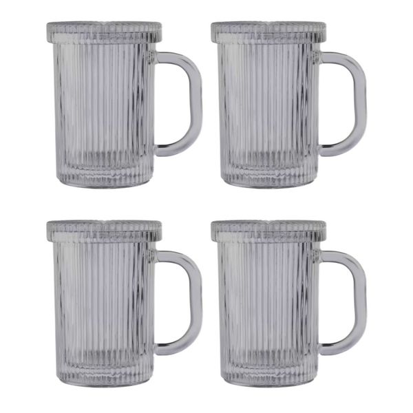 Minimalistic Ribbed Glass Coffee Mugs with Lid - 400ml - Transparent - 4 Pack