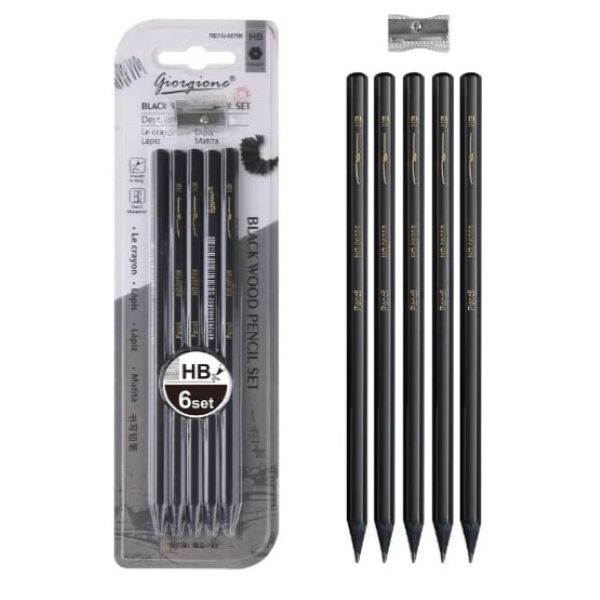 HB, Sharpener, 6 Pencils + Sharpener Black Wood Pencils