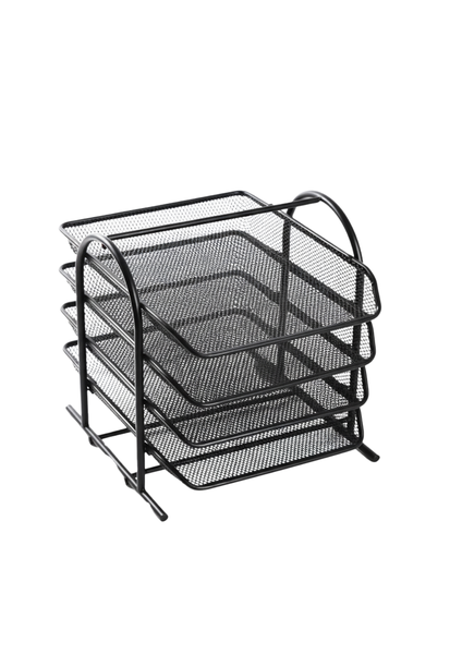 4-Tier Black Mesh Desk File Organizer - Paper Tray for Home or Office
