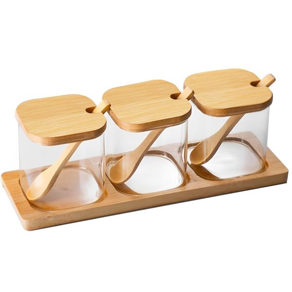 Glass Condiment Containers Condiment Spice Jars with Spoon Tray Lid - 3 Pack