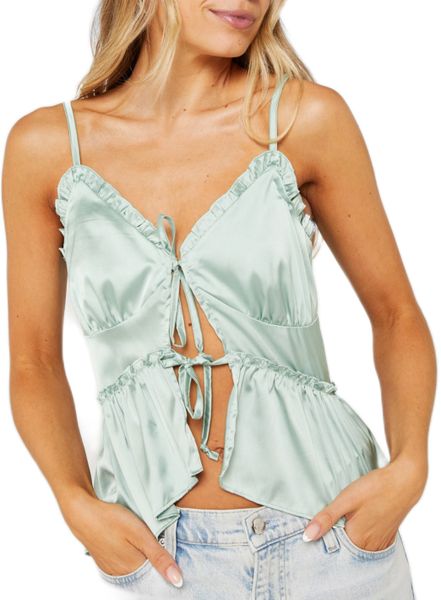 I Saw It First Ladies - Sage Tie Front Satin Cami Crop Top