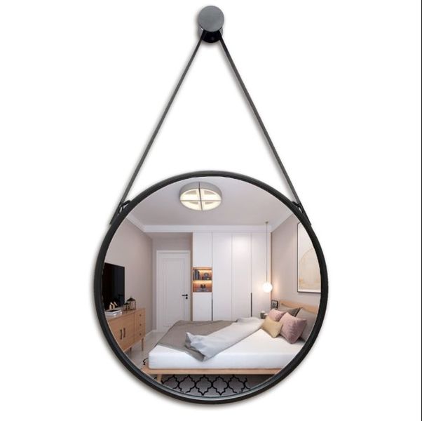 Round Wall Hanging Mirror with Adjustable Leather Strap and Metal Frame