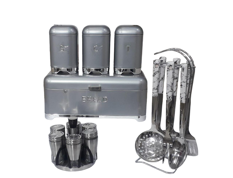 Bread Bin And Canister Set, 6 Pieces Serving Spoons &amp; 6 Pieces Spice Bottles Set