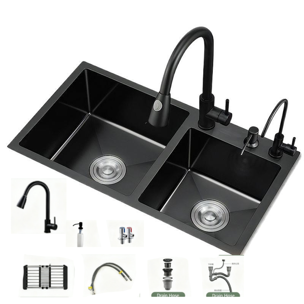 Double groove stainless steel kitchen sink -80 X 45- black