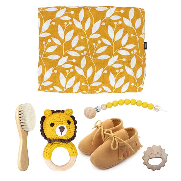 Newborn Baby Gift Set Rattle Shoes Muslin Blanket Pacifier Chain