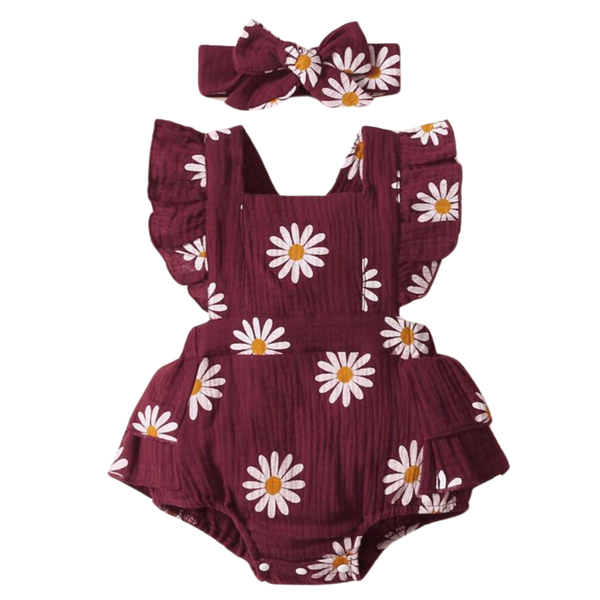 Daisy flower romper set - Burgundy - 0-3 months