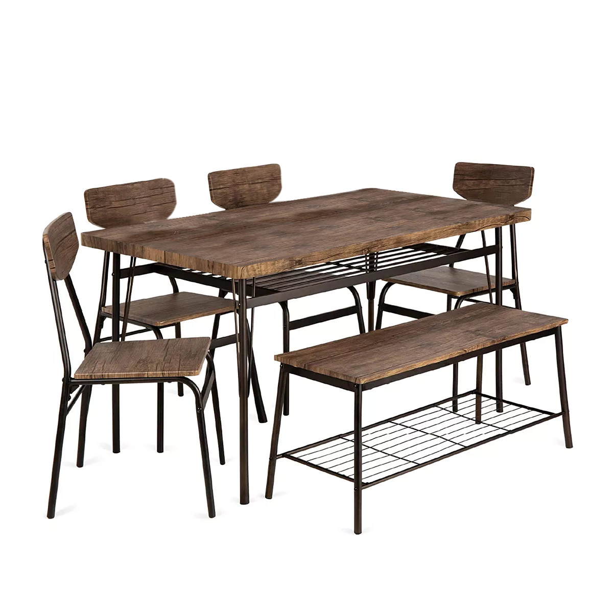 Anchor Home Dining Table Set - With shelve 4 Chairs &amp; Bench - Rustic Brown
