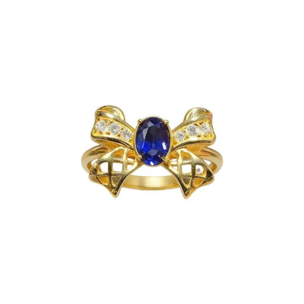 Luxury Retro Blue Sapphire Bow Ring With Hollowed Out Design