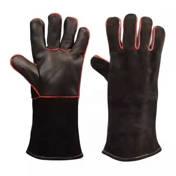 36cm High Quality Leather &amp; Suede Grilling Protection Gloves - Black