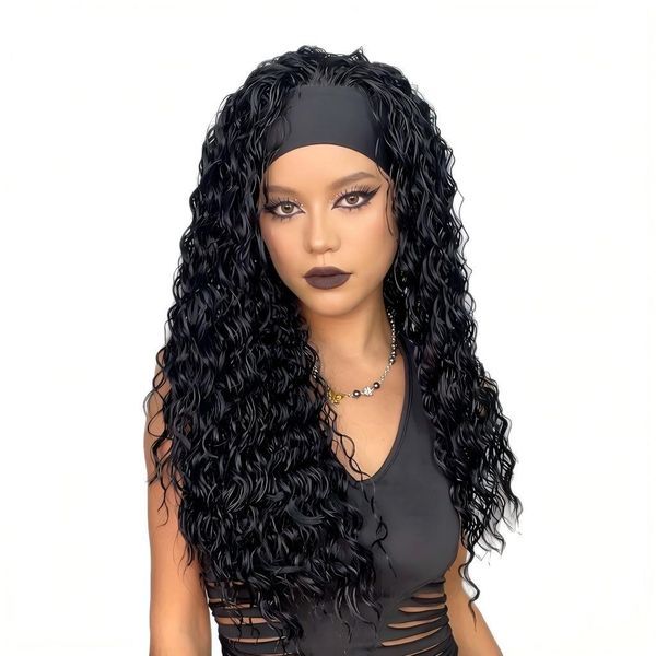Women's Black Curly Wig with High Temperature Fiber, European Style