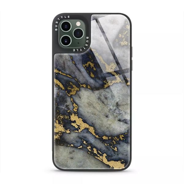 Stylish Dark blue and White Marbled Tempered Glass Cover - iPhone