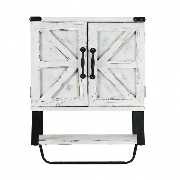 Vintage Wood Wall Cabinet, Open Partition &amp; Towel Bar