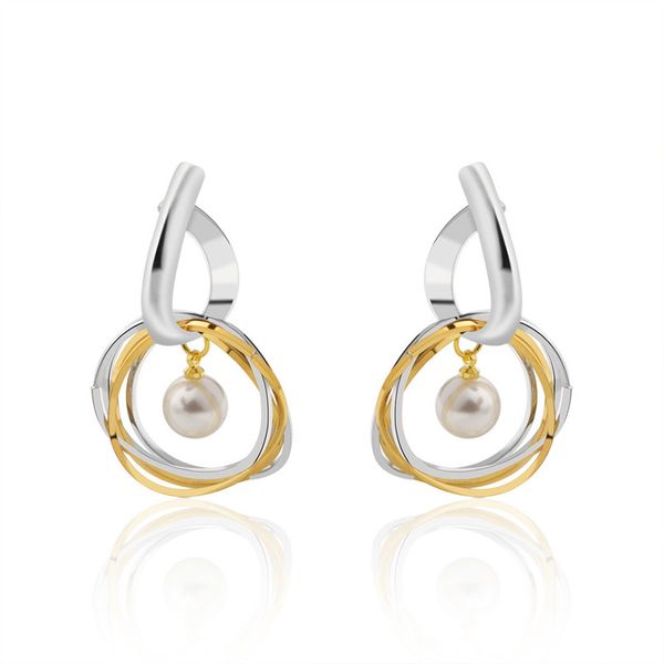 R0368 Gold and Silver Multi-Tone Twisted Circle Pearl Earrings