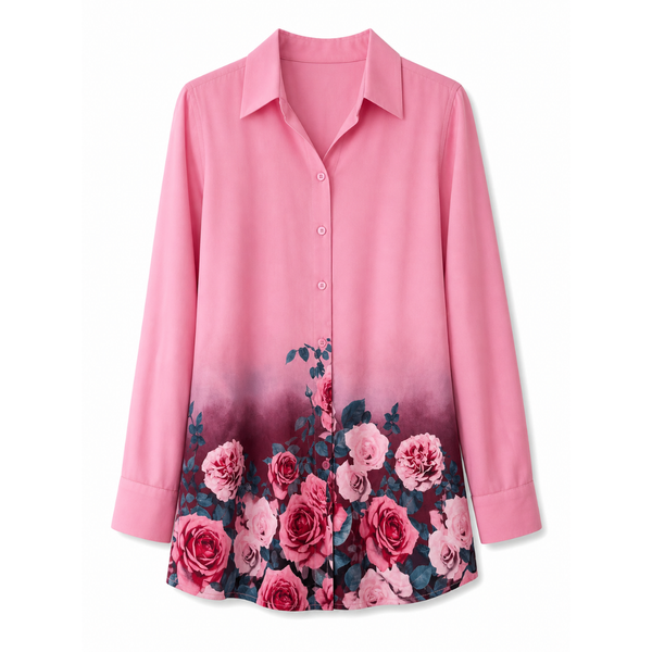 Women's Pink Floral Long Sleeve Button-Up Blouse