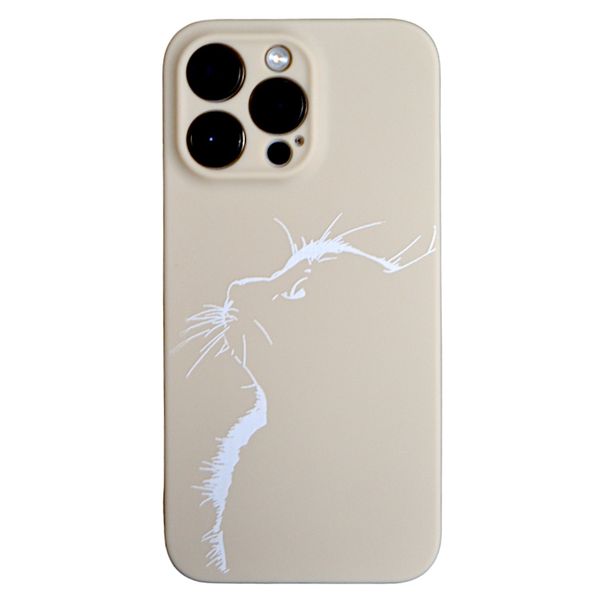 Beige - Phone Case with White Cat Print - Iphone 15 Pro Max