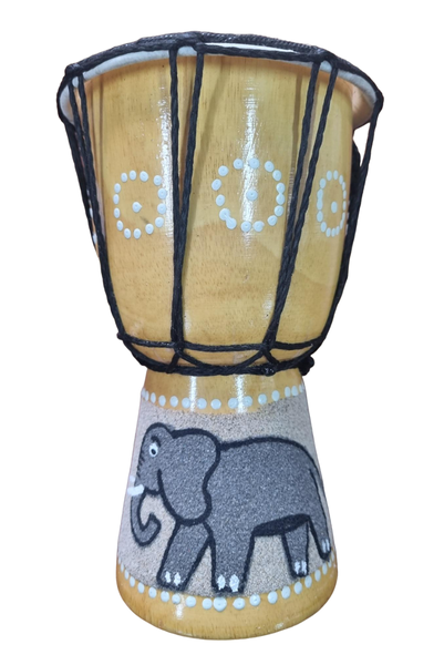 Mini Djembe Hand Drum Sand Paint Elephant - Light Wood 20cm x 12cm
