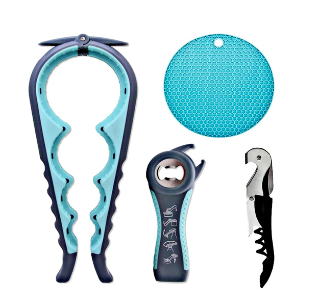 Four Piece Blue Multifunctional Can Opener And Bottle Opener Set