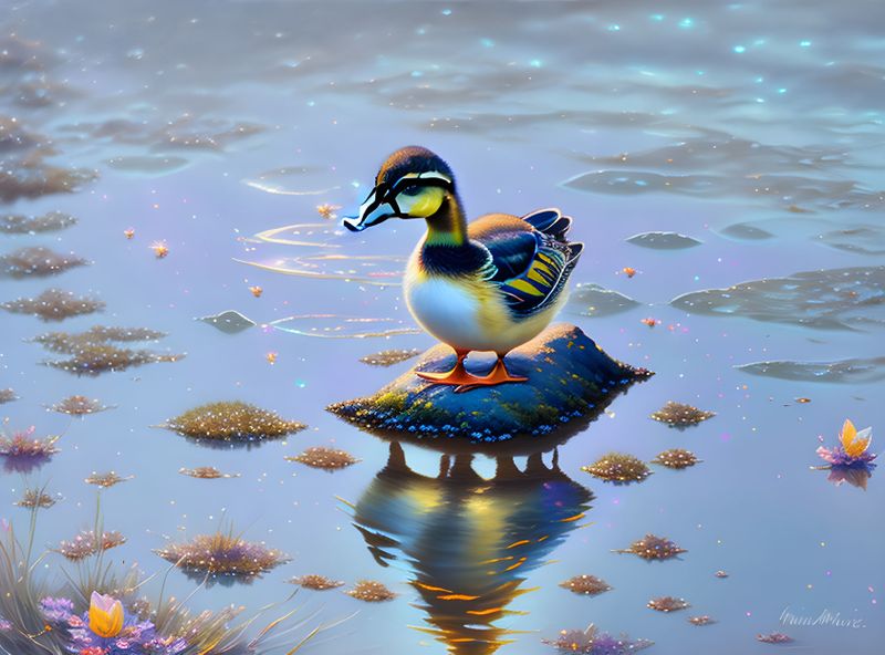 Canvas Wall Art Abstract Painting - Duck In A Pond Painting