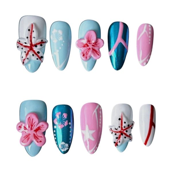 10 Piece - Blossom Belle Almond-Shaped French Press-On Nails - Multicolor