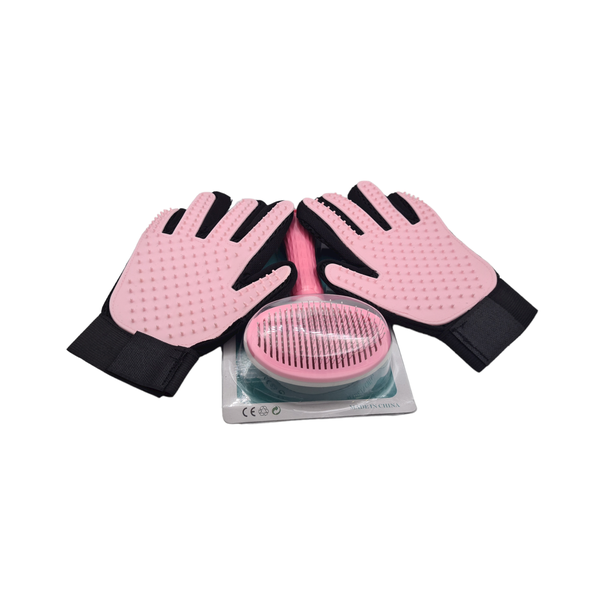 Pet De-Matting Brush and Gloves Grooming Set - Pink