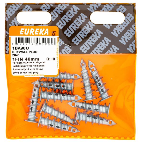 EUREKA Drywall Plug Zinc 1FIN 40mm Q:10 1BA90U