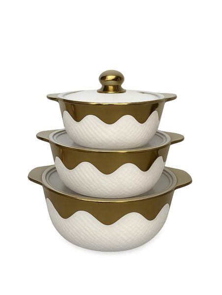 Luxury Style Ceramic Serving Bowl Set 3-Pieces White and Gold with Glass Lid