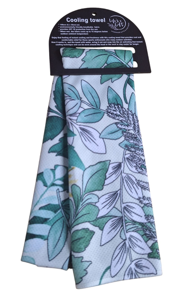 Cooling Towel - Floating Yellow, Grey &amp; Green Leaves on White