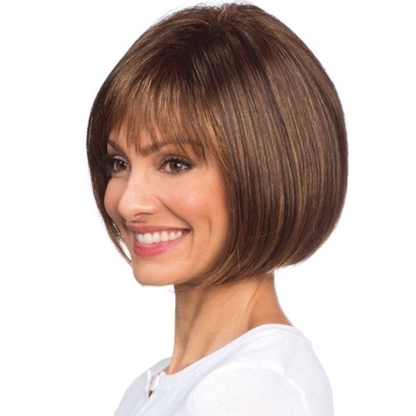 New European American Style Short Brown Wig with Air Bangs, Elegant and