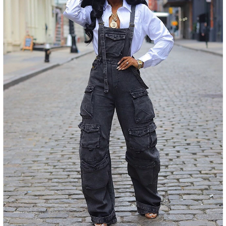 Women s Cargo Denim Overall Jumpsuit Wide Leg Bib Loose Baggy Casual Jeans