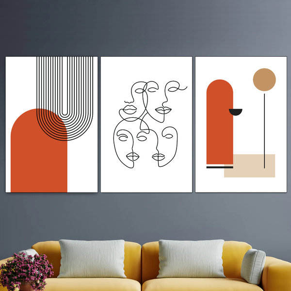 Mounted Wall Art Decor Prints - Set of 3 - Modern Mid Century - 28x40cm