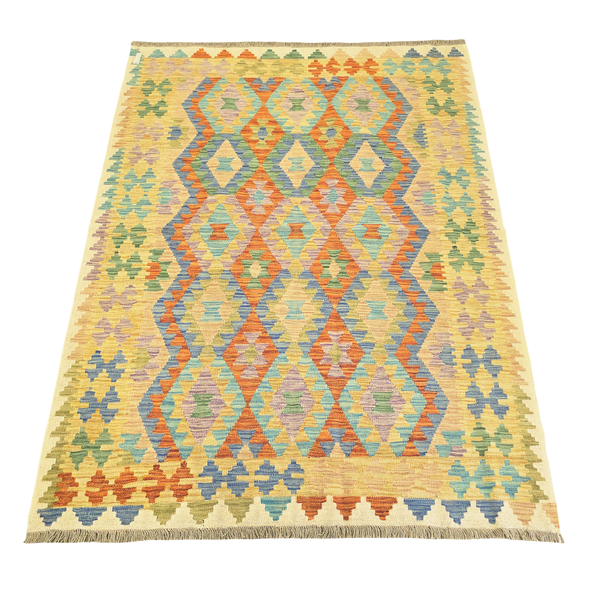 205 x 254cm Hand Woven Light Beige/Multi Color Kilim Afghan Rug
