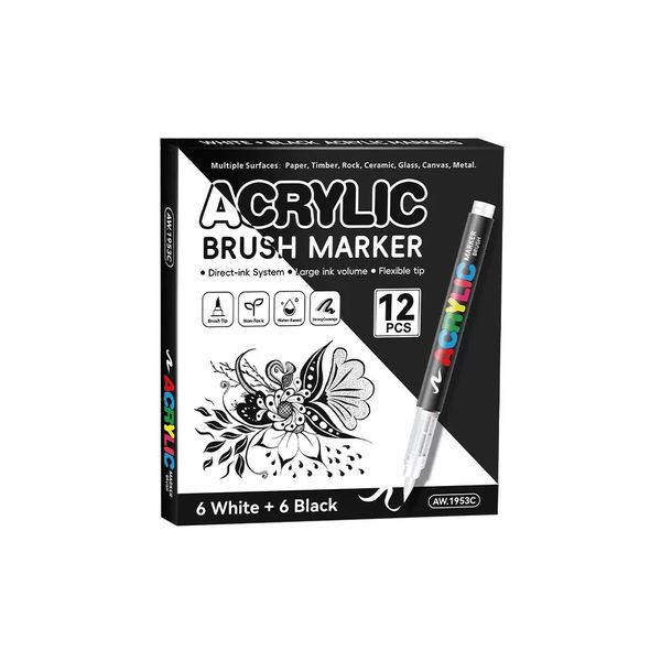 12pcs Acrylic Brush Marker Set (6 Black + 6 White) - Precision Brush Tip