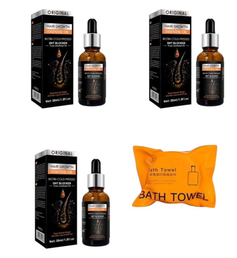 Biotin Hair Growth Oil X 3, And Travel Compressed Face Towel