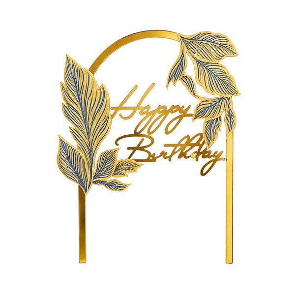 3 Piece Elegant Gold Happy Birthday Cake Topper Set - Leaf Arch Design