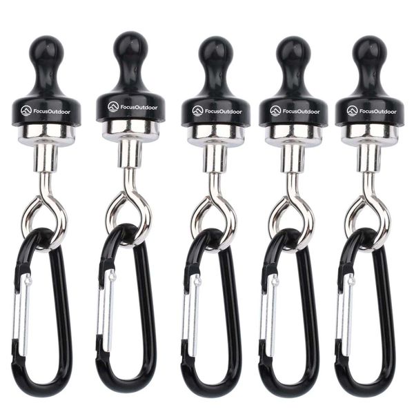 FocusOutdoor Magnetic Camping Hook Hangers with Carabiner Clip- Set of 5