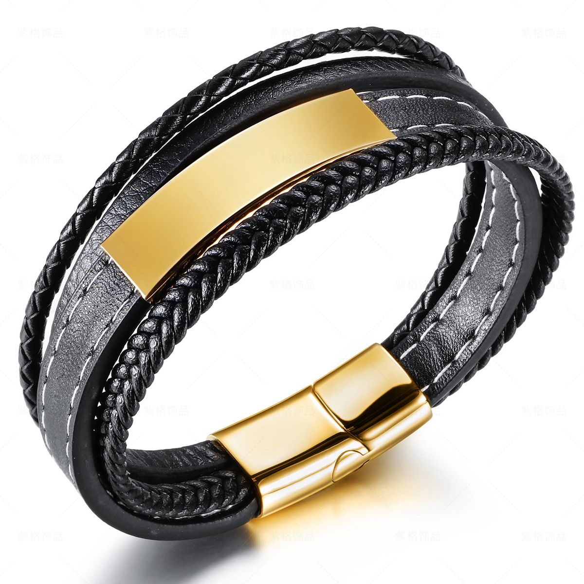 Men Bracelet Stainless Steel Leather Wristband Braided Bracelet 21cm   S Zoom.file