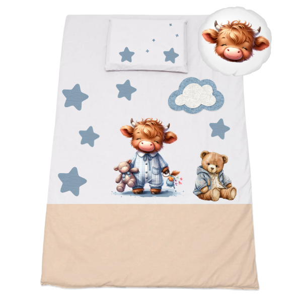 Cot Bedding Set - Duvet, Pillow &amp; Scatter - 940 x 660mm Highland Cow Boy