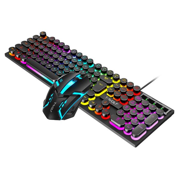 T-Wolf T270 Punk Retro Rainbow Gaming Keyboard with Mouse